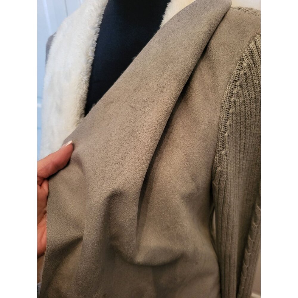 Gray Faux Suede/Faux Fur Cable Knit Ribbed Open Cardigan 16P Winter Ski Lodge - Picture 4 of 9